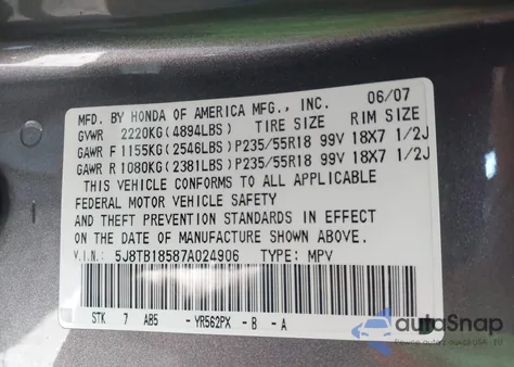 2007 Acura Rdx z USA, uszkodzony, nr VIN 5J8TB18587A024906